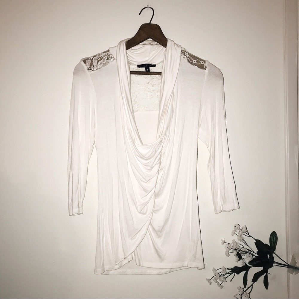 B’leev white lace deep neck 3/4 sleeve top